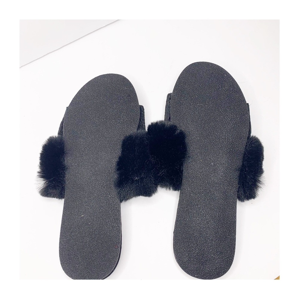 NEW INC Black Double Band Faux Fur Slides Small 5-6 Cozy Chic House Slippers - Picture 7 of 8